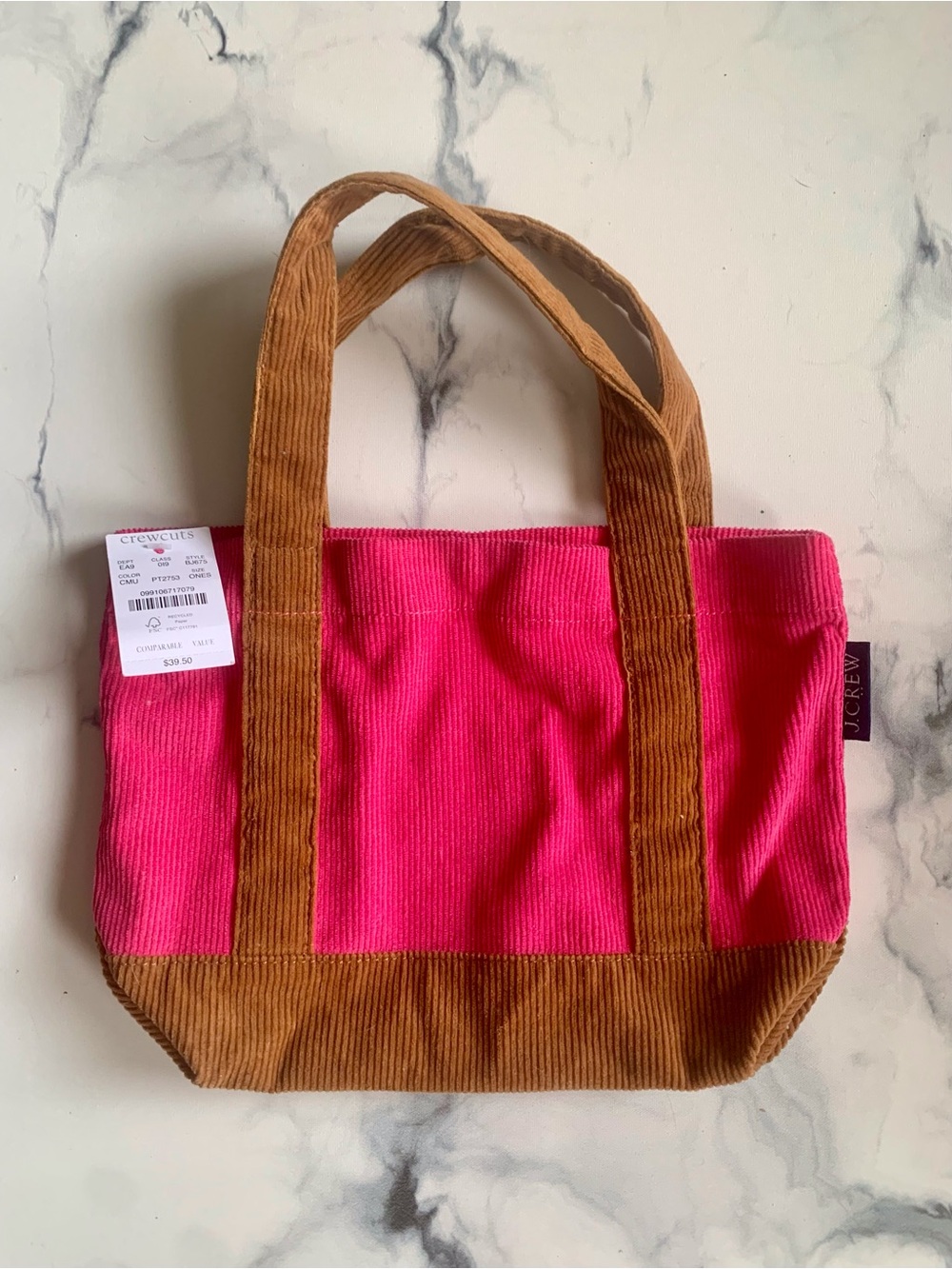 J.Crew Crewcuts Pink/Brown Small Tote Bag Snap Closure Inner Pocket Top Handle